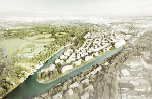 Wasserstadt Limmer: Luftperspektive, Visualisierung zukünftiges Wohngebiet