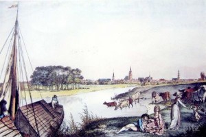Ein sog. "Bremer Bock" auf Höhe des Zusammenflusses von Leine und Ihme, Grundlage: colorierte Radierung von Ramberg aus der Zeit um 1800, Quelle: Sammlung Horst Bohne