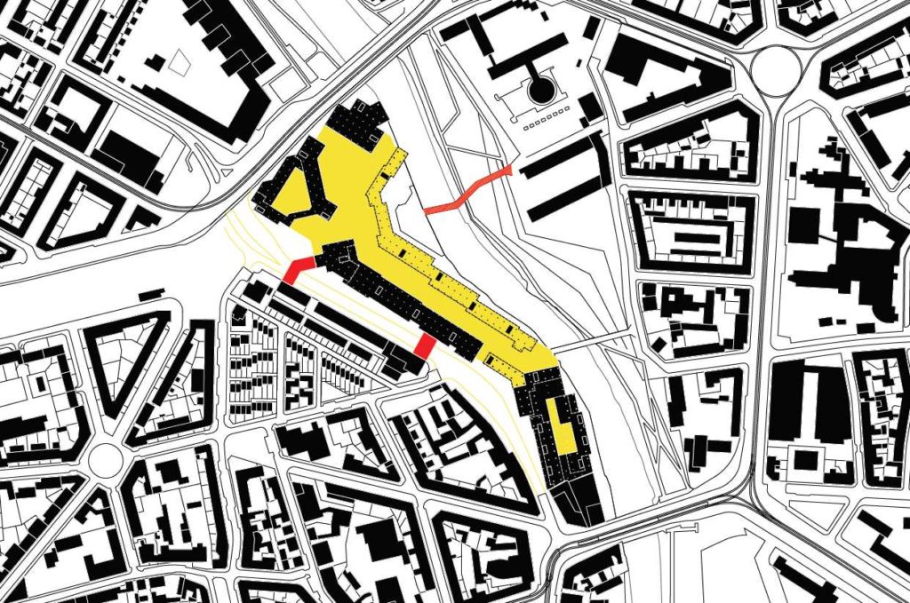 Situation nachher (gelb: Abriss / rot: Neubau)
