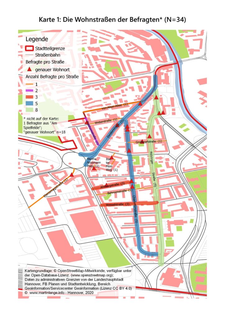Karte 1: Die Wohnstraßen der Befragten