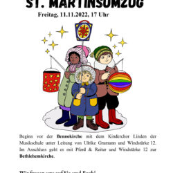 Plakat, das Zeichnung mit Kinder mit Laternen zeigt.
