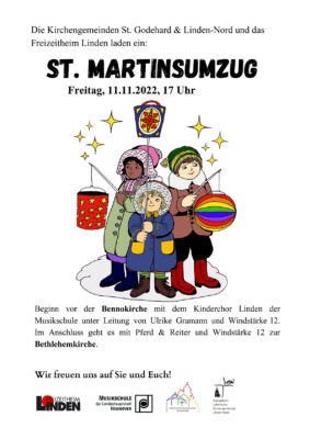 Plakat, das Zeichnung mit Kinder mit Laternen zeigt.