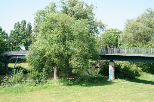 Brücke mit daneben stehendem Baum. Auf der Brücke stehen Angehörige von Polizei und Feuerwehr herum.