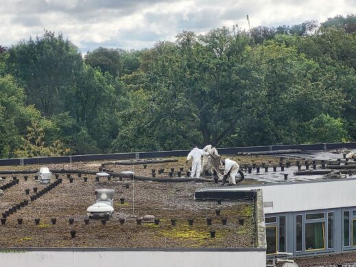 Kies wird vom Dach der IGS Linden abgesaugt