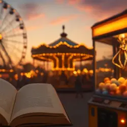 Ein aufgeschlagenes Buch vor einer typischen Jahrmarkt-Kulisse im Hintergrund