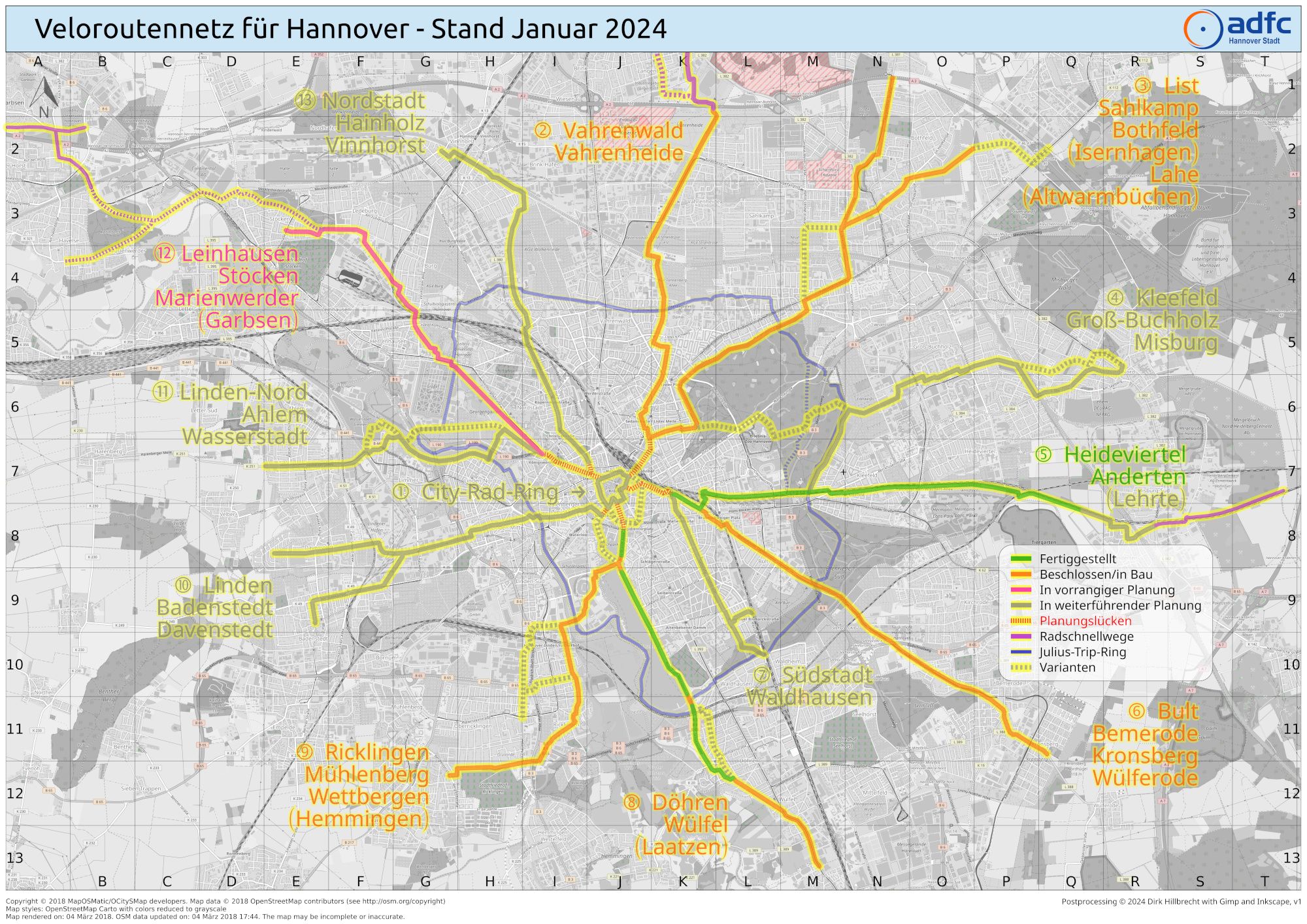 ADFC-Karte für die Velorouten in Hannover