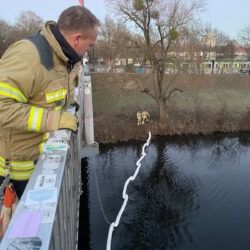 Die Feuerwehr bekämpft einen Ölfilm auf der Leine