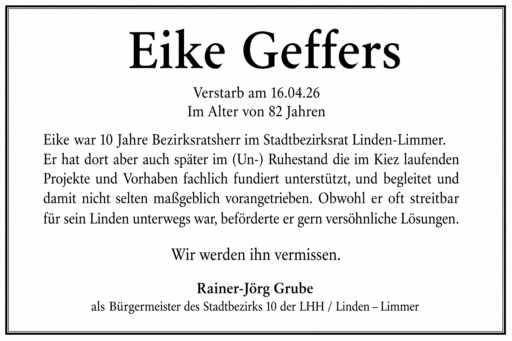 Traueranzeige Eike Geffers