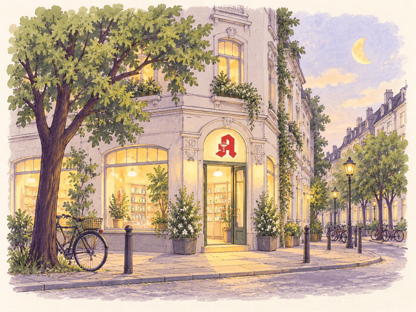 Illustration einer deutschen Apotheke mit rotem Apotheken-A in einer Lindener Altbaufassade