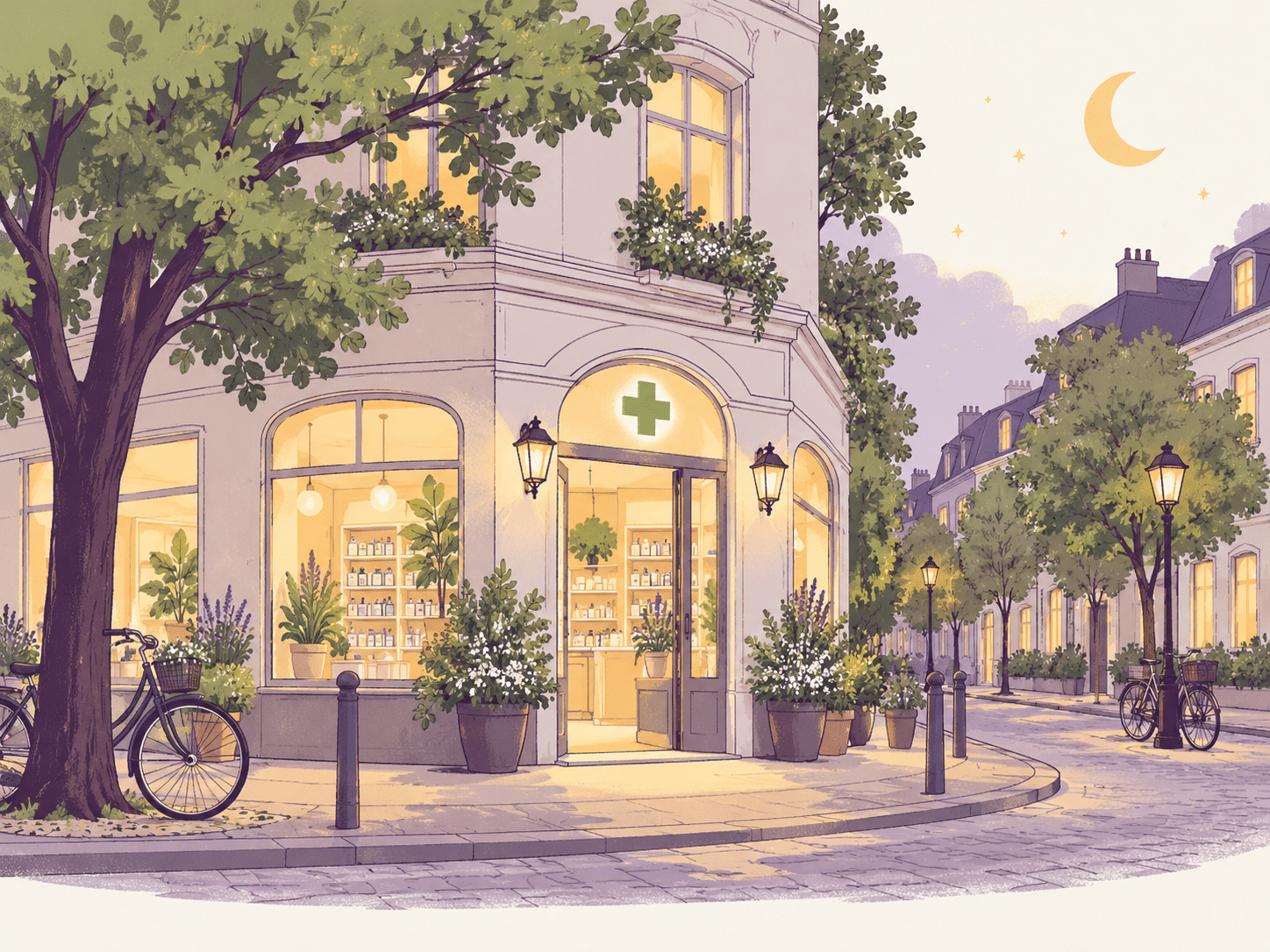 Illustration einer beleuchteten Apotheke am Abend