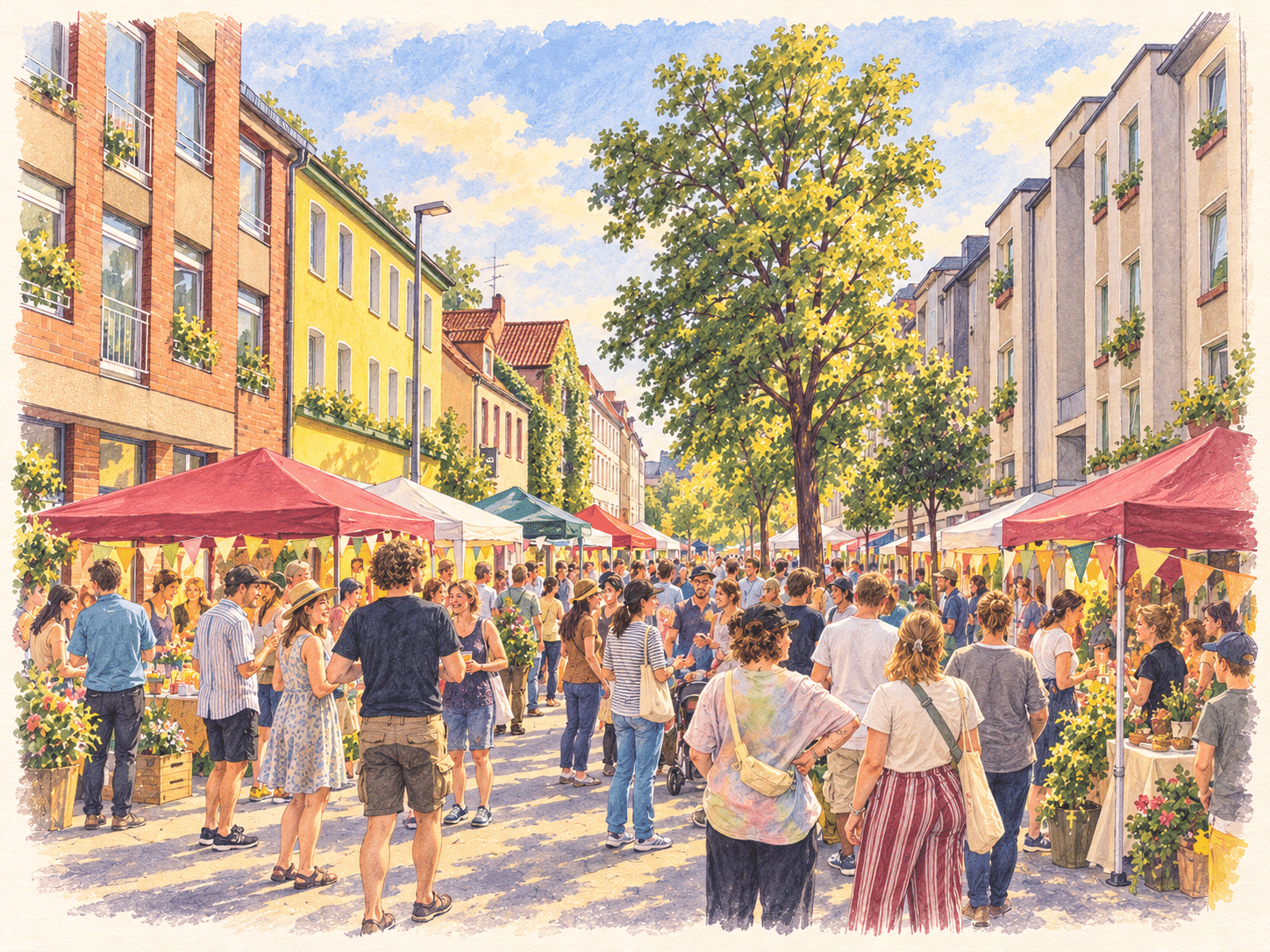 Aquarellillustration eines Straßenfestes in Hannover-Linden mit Nachbarschaft und Vereinsständen